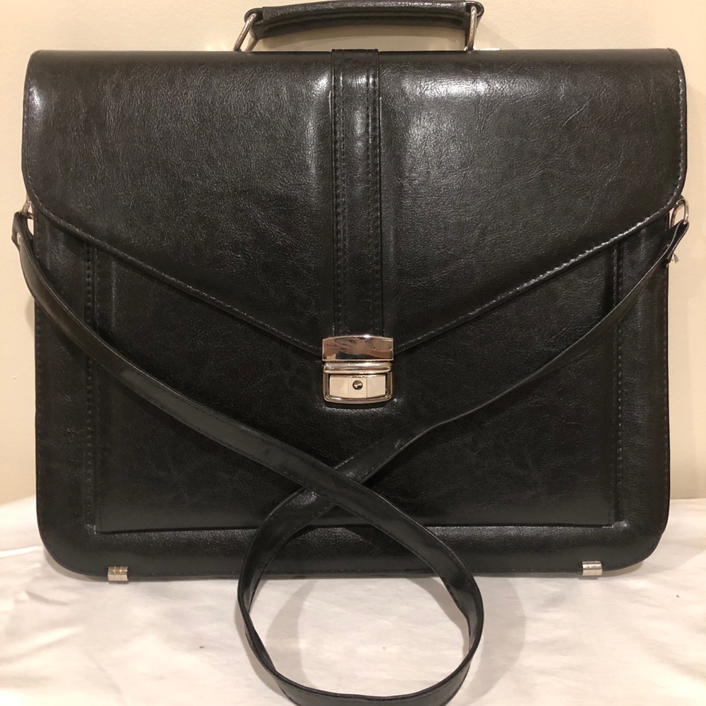 Black Leather Briefcase with Detachable Strap